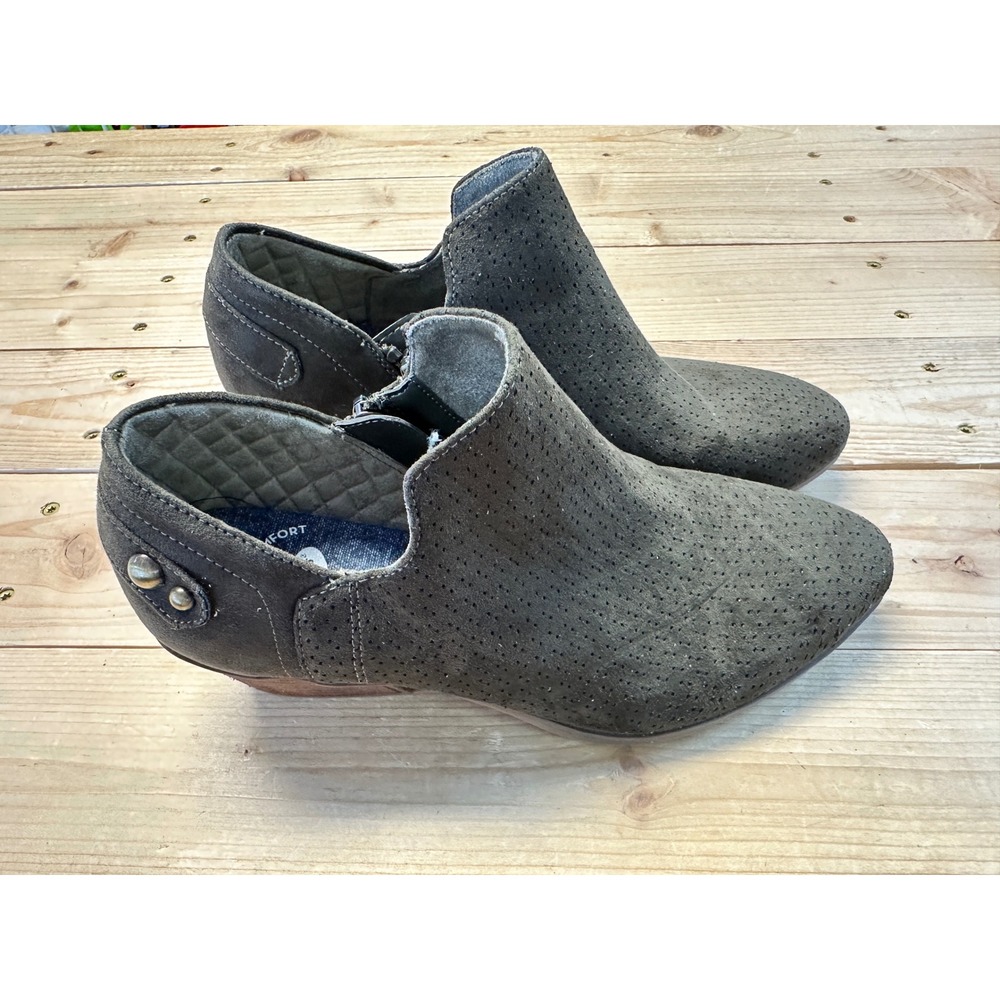 Dr Scholls Ankle‎ Booties Women Size 7M Perforated Suede Side Zip Low Heel Olive